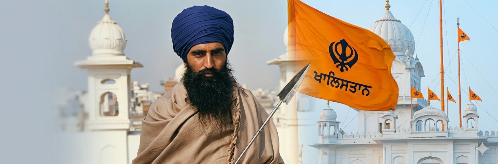 Dal Khalsa Australia — Sikh warrior holding Khalistan flag in front of Gurdwara